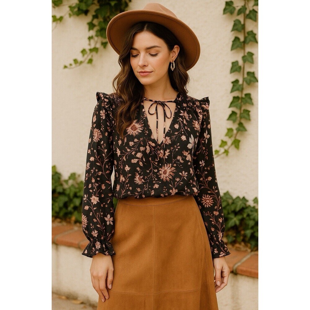 Melloday Black Floral Boho Tunic Long Sleeve V-neck Top Large Bohemian Peasant